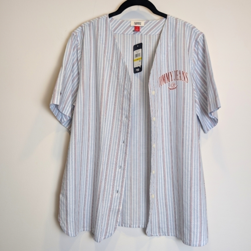 Tommy Jeans Red White Blue Striped Button Down Baseball Shirt Size Medium - Picture 3 of 7